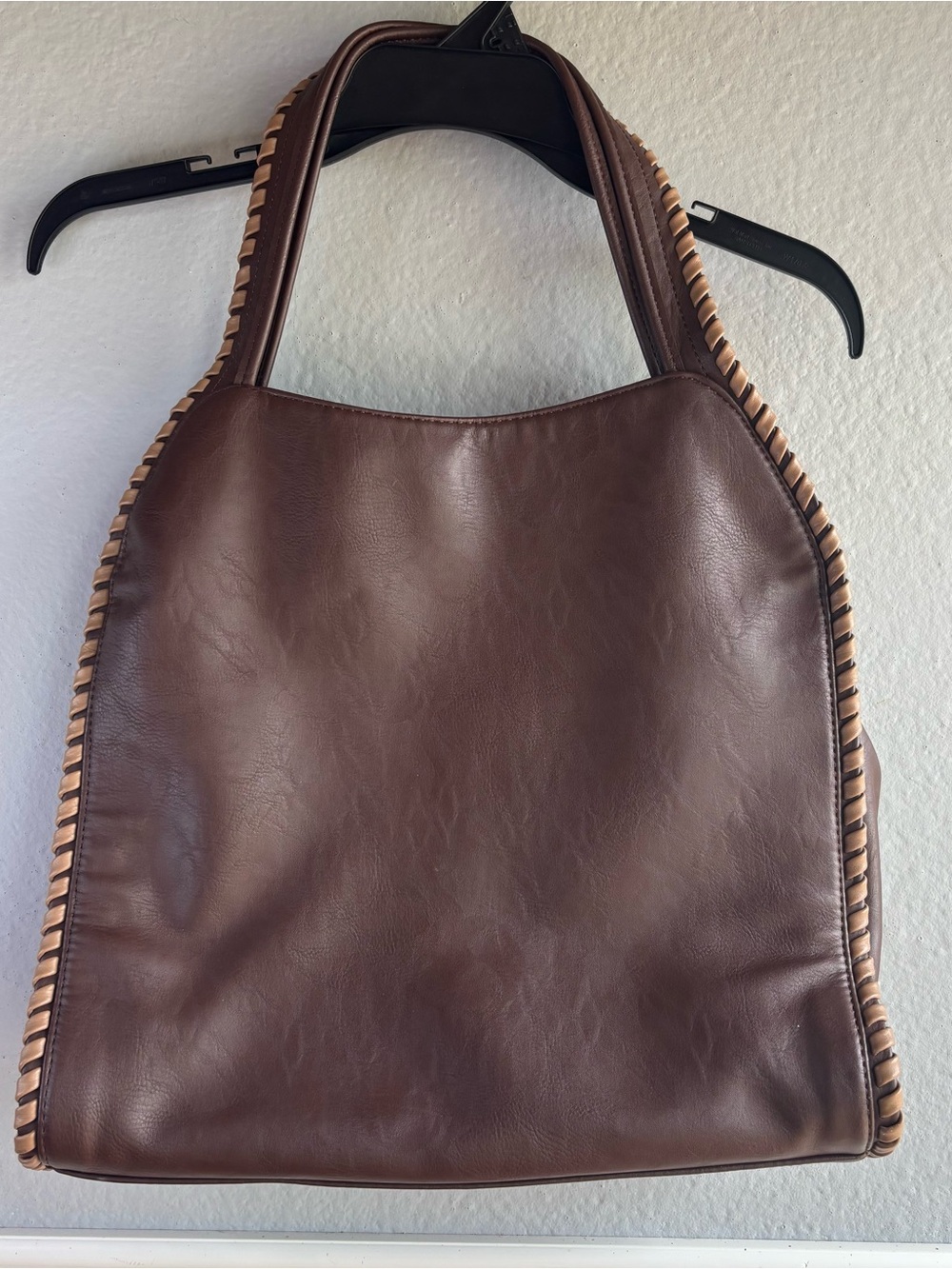 Cato Brown Faux Leather Hobo Shoulder Bag with Whipstitch Trim Boho